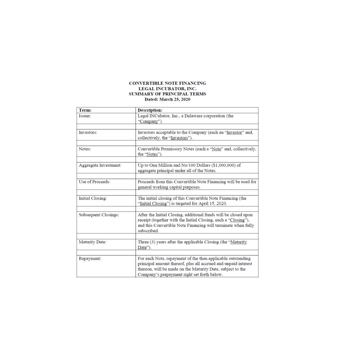 Convertible Note Term Sheet Template